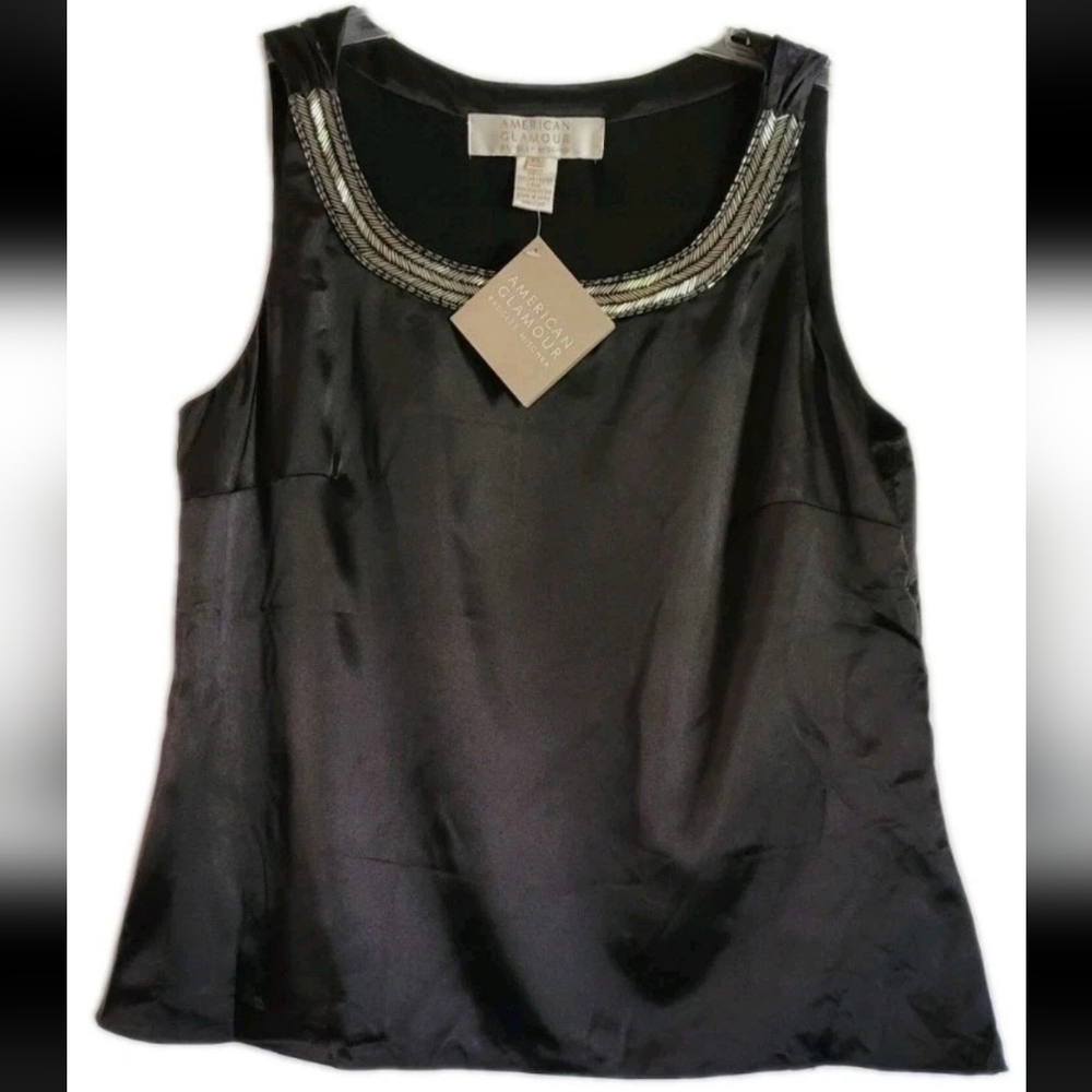 Badgley Mischka Silver Chevron Beaded Neckline Sleeveless Top Quiet Luxury